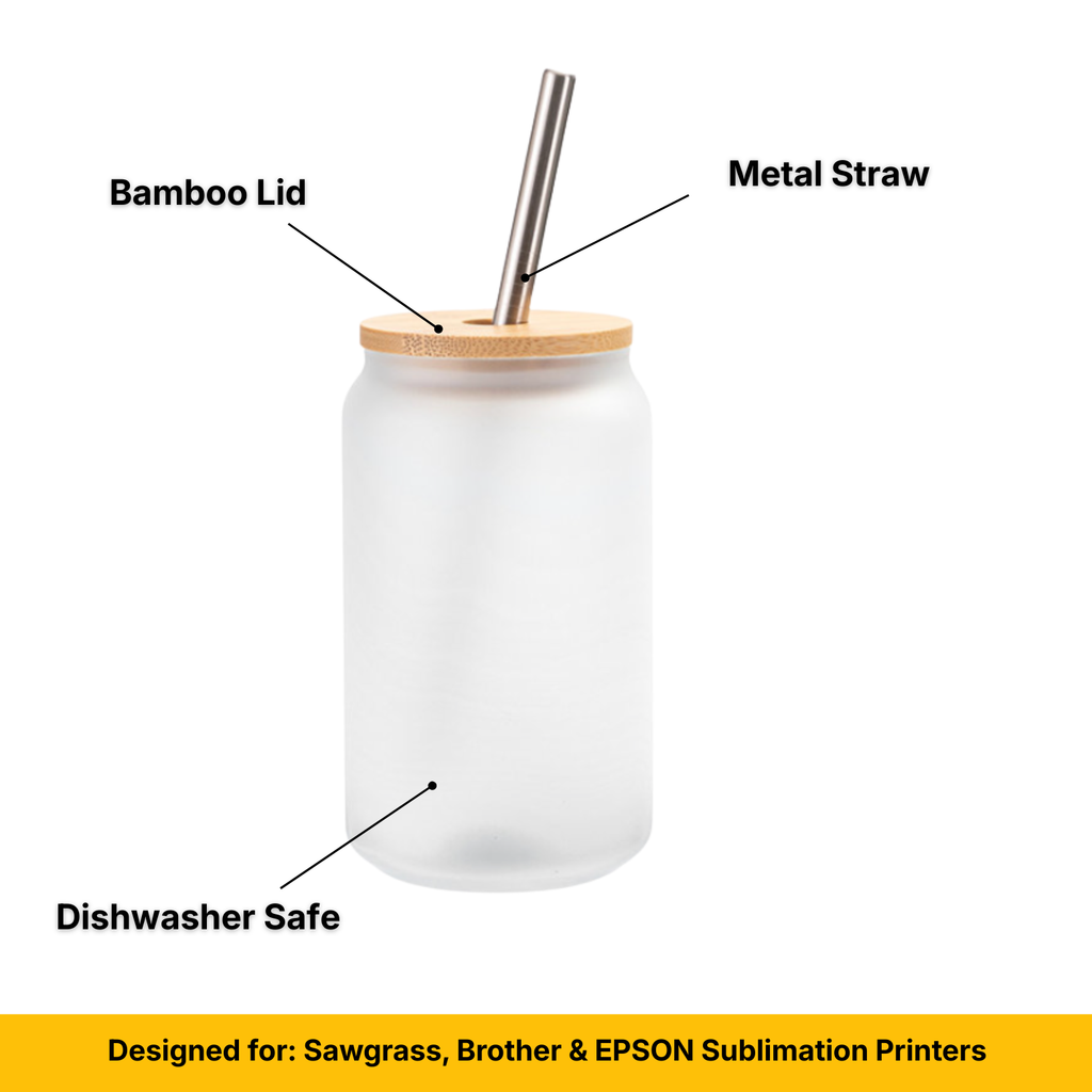 Craft Express 18oz Frosted Glass Sublimation Cans with Bamboo Lids and Glass Straws
